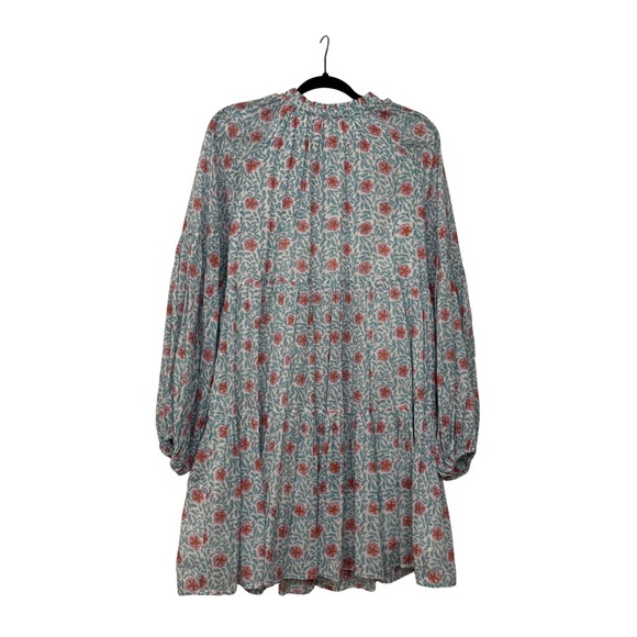 Oliphant Block Print Tiered Mini Dress Tunic Floral Blue Pink XL - Picture 3 of 6